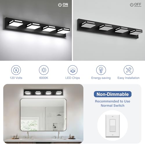 Image of LED Modern Bathroom Light Fixtures, 4-Light 30-Inch Matte Black Vanity Lights for Bathroom Lighting Fixtures Over Mirror, 6000K Cool White 350 Rotatable Wall Lamp