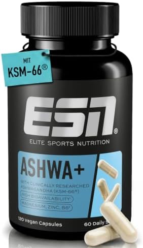 ESN Ashwa+ Ashwagandha Kapseln - mit patentiertem KSM-66-Extrakt, Magnesium, Zink und Vitamin B6-600 mg pro Tagesdosis, davon 5% Withanolide - vegan - 120 Kapseln, 60 Portionen