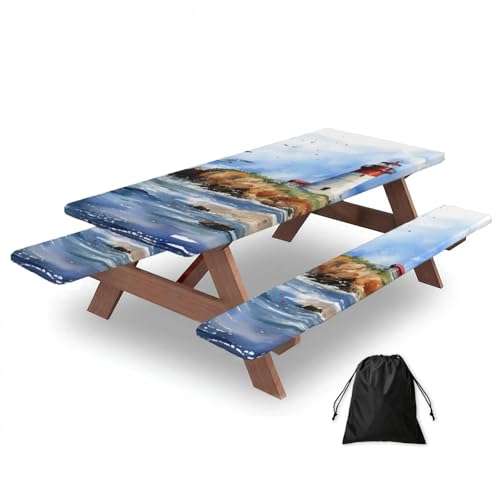 Juego de 3 fundas para mesa de camping con protectores de banco, diseño de faro oceánico, impermeable, rectangular, con bolsa de almacenamiento