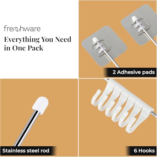 Image of Frenchware Wall Hanging Organizer Rod with 6 Hooks and 2 Adhesive Sticker | Stainless Steel Rack Without Drilling, For Cloth and Utensil Hanger