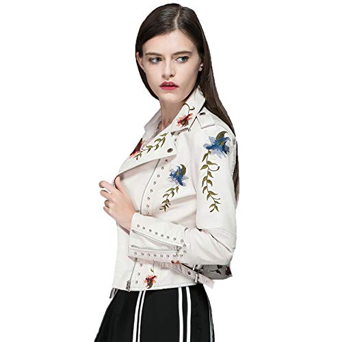Ly Varey Lin Women's Floral Embroidered Faux Leather Moto Pu Jacket Coat (Xl, Beige) #TOP4