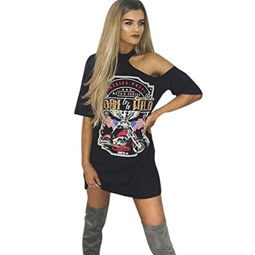 Vestido, Oyedens Mujeres Vintage De Hombro Rock Estilo Camiseta Larga Mini Vestido (XL)