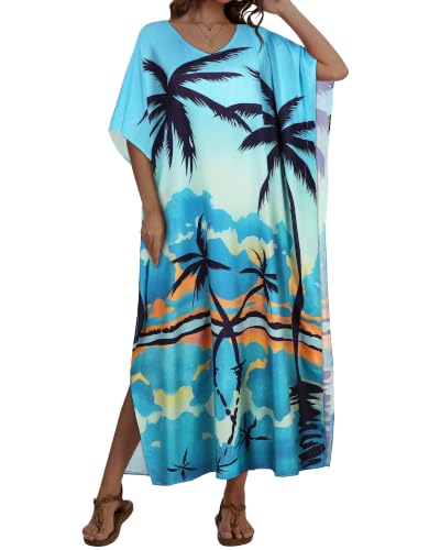 Image of Kaftan Dresses for Women V Neck Caftan Batwing Sleeve Swimsuit Cover Up | JILUVIN Plus Size Beach Swimwear Dress, Loose Fit Maxi Print Moomoo, Casual Mumu Nightgown Mrs Roper Costumes Vocation 2026