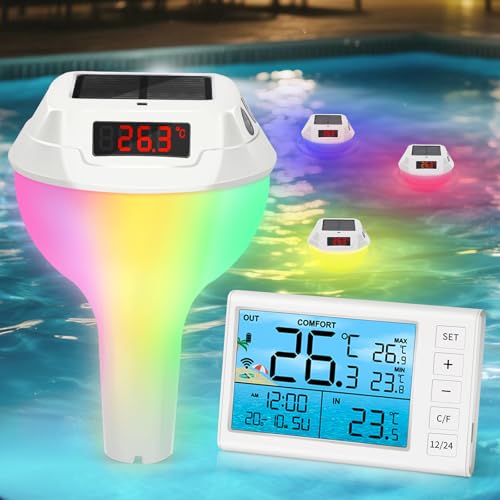 PATEMZON Termometro Piscina, Termometro Solare Luminoso per Piscina, Termometro per Piscina con Display e Corda, Termometri per Piscine, Laghetti e Acquari