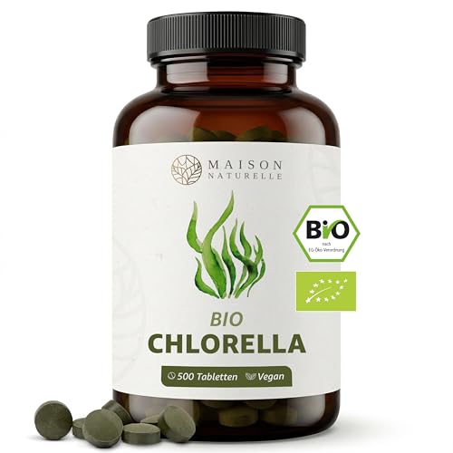 MAISON NATURELLE® | Bio Chlorella Presslinge (500 Stück) - 100% reine Algen Tabletten ohne Zusätze - Hochdosiert mit 4.800mg Chlorella je Tagesdosis - 100% Vegan