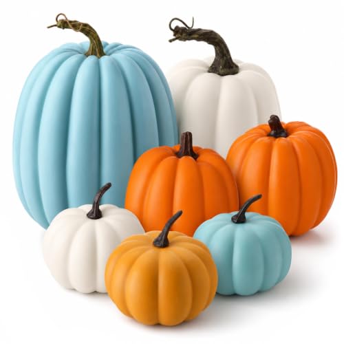 Ferrochef 7 Pcs Fall Decor Artificial Teal Faux Pumpkins Fake Foam Pumpkins
