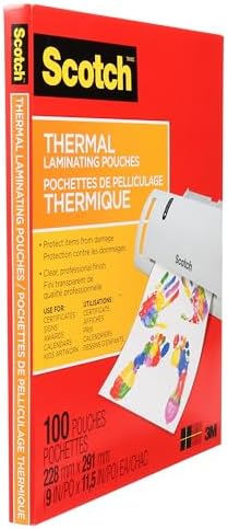 Scotch Thermal Laminating Sheets, Ideal Office or School Supplies, 9 in x 11.5 in, 3-Mil Thick, 100 Laminating Pouches