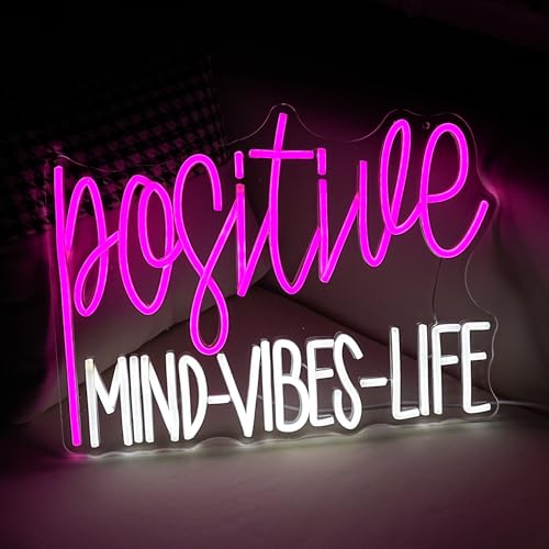 Image of Positive Mind Vibes Life Neon Sign Pink White LED Neon Light for Wall Decor Dimmable Positive Light Up Sign for Classroon Office Girls Living Room Home Bar Club Salon (16.5''*12.6'')