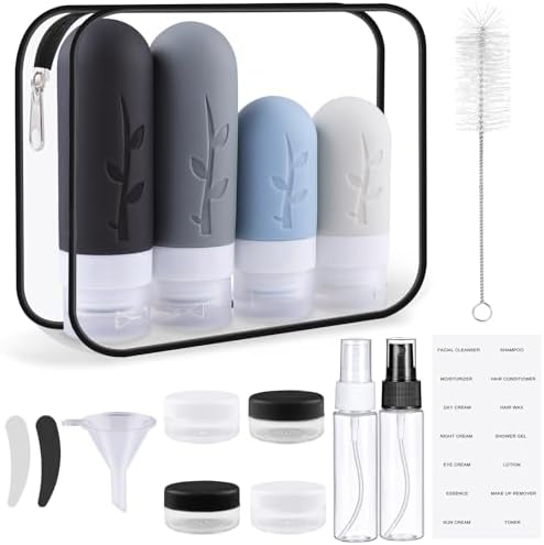 16 Piezas Botellas de Viaje de Silicona, Kit de Botes Rellenables para Gel, Champú y Cosméticos, con Accesorios de Viaje, Travel Essentials (Negro)
