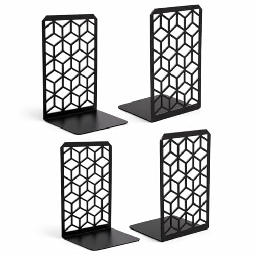 Geomod 3D Cube Black Metal Bookends Decorative for Heavy Books - Sturdy Boho Book Stops - Minimal Book Shelf Stopper - Durable Office Bookends - Weighted Metal Book Holders - 7x4.75 Inches - 2 Pair