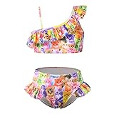 Cat Swimsuits for Girls One Shoulder Two Piece Bikini Ruffle Bathing Suits,Size 6 7