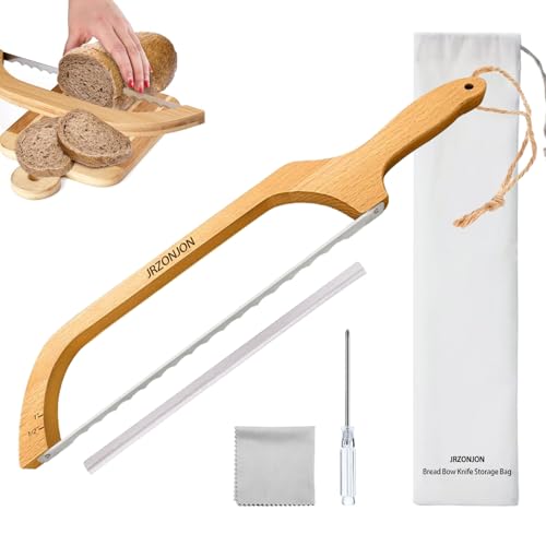 JRONJON Wooden Bread Bow Knife - 16" Bread Knife for Homemade Bread, Sourdough Bread Knife, Bagal Cutter, Serrated Fiddle Bow Bread Slicer, Premium Stainless Steel Saw, Left or Right Hand, Beech