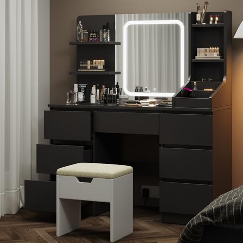 Devoko Coiffeuse Miroir LED avec 7 Grands Tiroirs, 3 Couleurs avec Luminosité Réglable, Table de Maquillage avec Tabouret, Moderne Coiffeuse pour la Chambre à Coucher (Blanc+Noir)