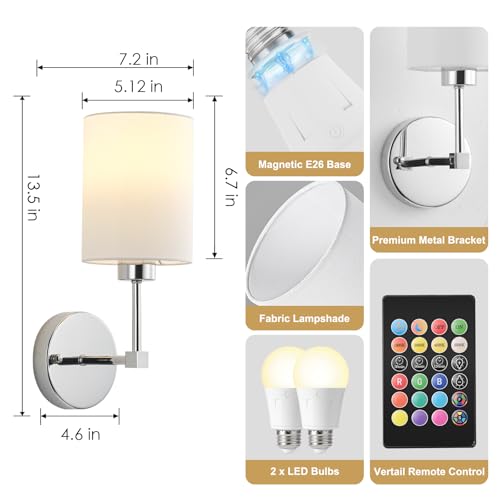 Image of Battery Operated Wall Sconce Set of Two,Wireless Rechargeable Wall Light With Remote Control, Dimmable, 1800K /3000K /4000K /6000K /RGB, Timer, for Living Room, Bedroom, Fireplace, TV, 13.5 Inch, Chrome