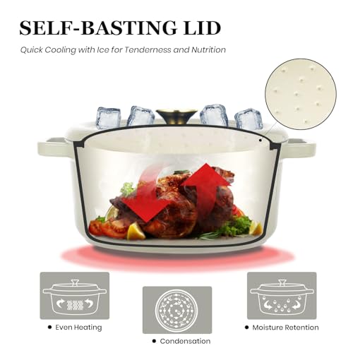 Overmont Cocotte en fonte émaillée – Casserole de 5 l avec couvercle – Livre de cuisine et maniques en coton – Batterie de cuisine robuste pour braiser, ragoûts, rôtir, cuire du pain, blanc – Image 3