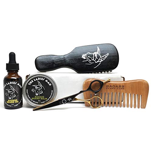 Badass Beard Care Badass Beard Essentials Kit for Men Consists of 1oz Beard Oil, 2oz Beard Balm or 2oz Beard Wax, Boars Hair Beard Brush, Wood Beard Comb & Beard and Mustache Trimming Scissors