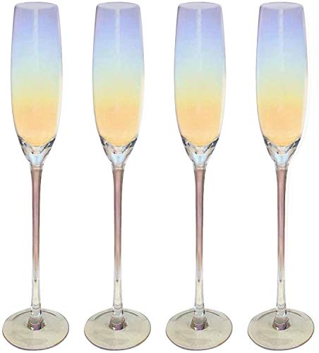 Crystal Champagne Flutes 4PCS, Iridescent Champagne Glass 5oz, Long Stem Hand Blown Glassware Sparkling Wine Glasses for Birthday, Anniversary, Wine Tasting, Christmas, Wedding Gifts