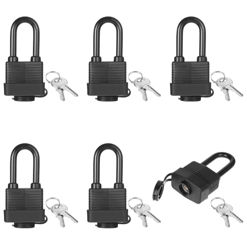 Image of 6 Set Outdoor Padlock Weatherproof, Waterproof Covered Heavy Duty Laminated Steel Lock for Gates, Fences, Storage, Weatherproof Anti-Rust Security Locks with Hardened Steel Shackle and 2 Keys - Black