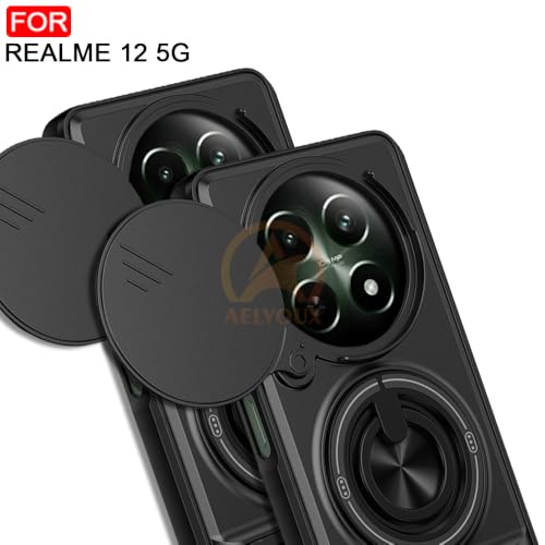 Image of Realme 12X / 12 /13 / C65 5G Back Cover | Armor Camera Slider 360 Degree Rotating Finger Ring Holder Case with Bracket Stand Back Case Cover (Compatible with MagSafe Accessories) (Black)