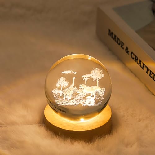 Image of 3D Dinosaur Crystal Ball Lamp with Dimmable LED and Wooden Base, Night Light for Kids Teens Adults, Home Desk Office Bedroom Decor, Birthday Gift (2.4 inch / 6cm)