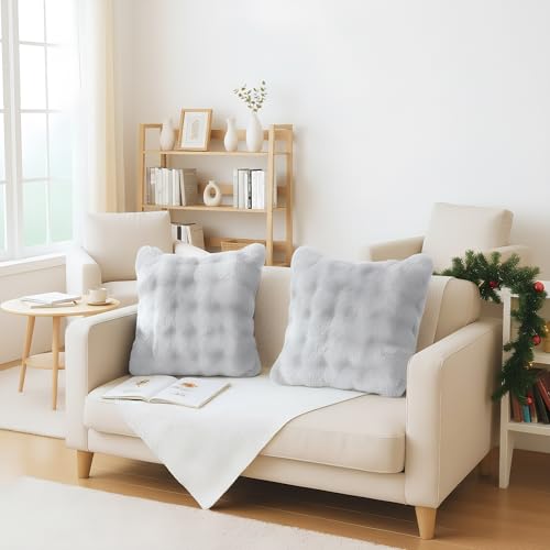 LiveGo Throw Pillow Covers 2-Pack, 45x45 cm Fluffy Rabbit Fur Cushion Cover, Soft Cozy Home Decor for Bedroom, Living Room, Sofa, Recliner, RV (Light gray)