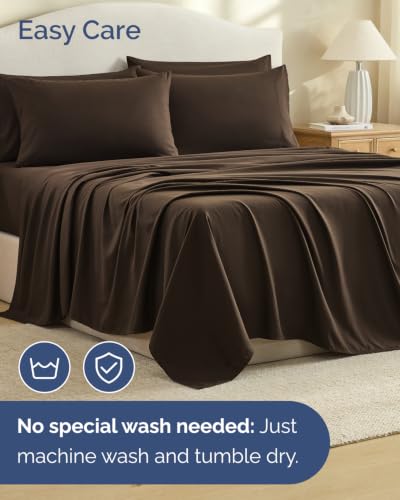 Image of King 6 Piece Bed Sheet Set - Breathable & Cooling Sheets - Chocolate Brown