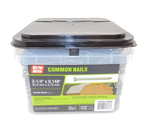 Grip Rite 12HGC10BK 3-1/4-inch by .148 Exterior Galvanized Smooth Shank Bulk Common Nails 570 count, 10lbs.