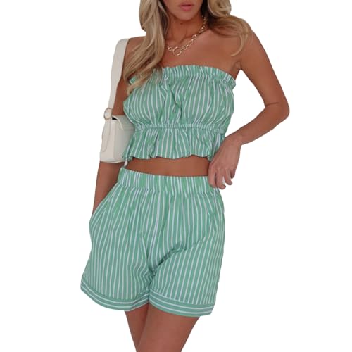 Image of Yuemengxuan Women Shirred Top Shorts Summer Outfits Set 2 Piece Striped Pajamas Set Sleeveless Ruched Bandeau Tube Top Shorts