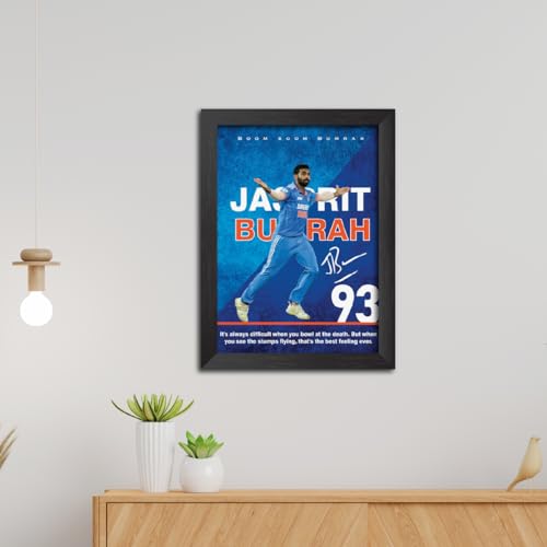 Image of TenorArts Jasprit Bumrah Poster with Quotes Indian Legend Cricket Player Photo Frame Painting with Matt Finish Black Textures (12 inches x 9inches)