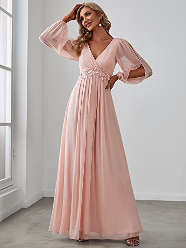 Ever-Pretty Women's V-Neck Embroidered Sequin Long Sleeve Chiffon Women's Formal Gown Bridesmaid Dresses Pink Us10 #TOP3