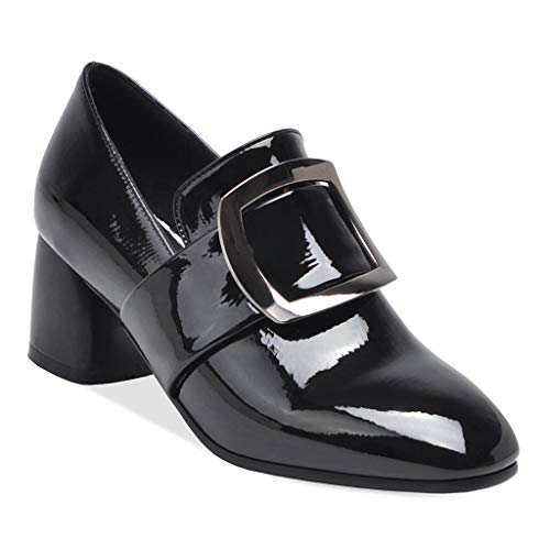 MIOKE Women's Square Toe Buckle Pump Penny Loafer Patent Leather Slip On Block Mid Heel Classic Oxford Shoes