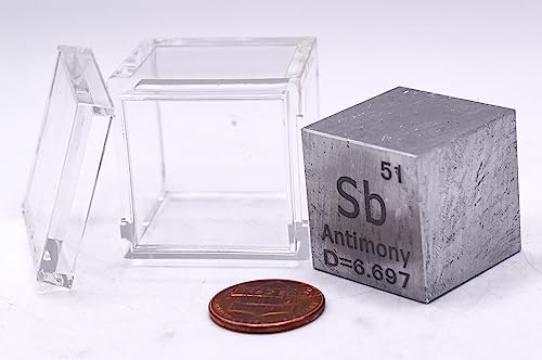 Image of 1 inch 25.4mm Antimony Metal Cube Sb up to 99.9% Pure Periodic Table Element Engraved Density Collection Science Education Display Block Cube + Acrylic Case Box - 1PC