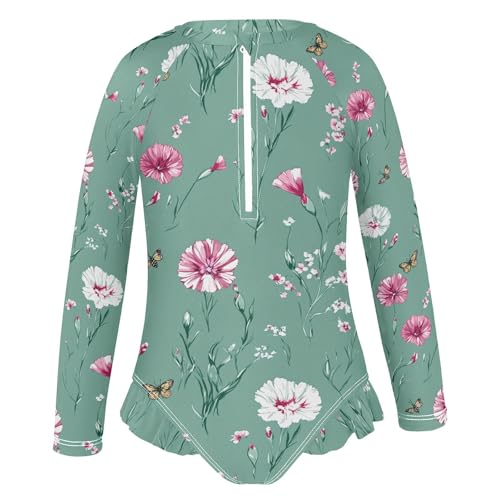 Cartoon Dianthus Sage Green Long Sleeve Swimsuit for Girl 1 Piecing Rash Guard Swimsuits Sun Protection Girls Bathing Suit2