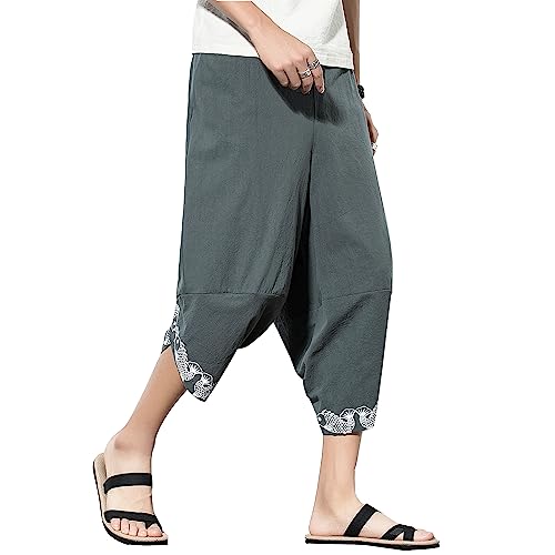 Doslavida Men's Linen Harem Capri Pants Lightweight Elastic Waist Wide Leg Cropped Trousers Casual Loose Beach Capris #TOP4
