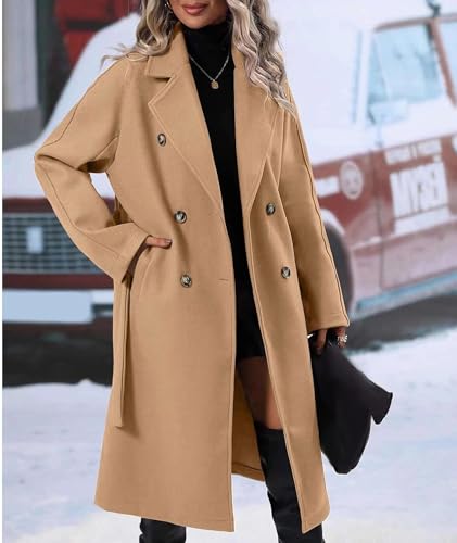 Sexyshine Women's Winter Double Breasted Trench Coat Notch Lapel Long Wool Pea Coat A Line Warm Overcoat with Belt4