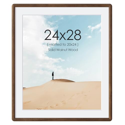 Acovy 24x28 Solid Walnut Wood Picture Frame for Wall 24x28 Wood Photo Frame Matted to 20x24 Photos 24 x 28 Poster Frame with Tempered Glass Curved Wooden Picture Frames for Wall Art Photo and Prints