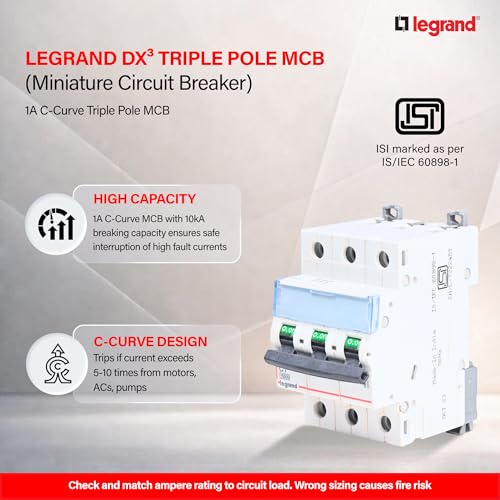 Image of Legrand DX 50A Triple Pole MCB C Curve 10kA | 3-Phase Miniature Circuit Breaker | ISI Marked IS /IEC 60898-1 | Overload & Short Circuit Protection for Industrial & Commercial Use
