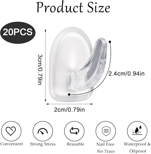 20 Stück transparente selbstklebende Wandhaken zum Aufhängen, kleine Kunststoff-Haken, transparente Acryl-Klebebügel für Wände, keine Schäden, temporäre Wandhaken für Badezimmer, Küche, Zuhause,