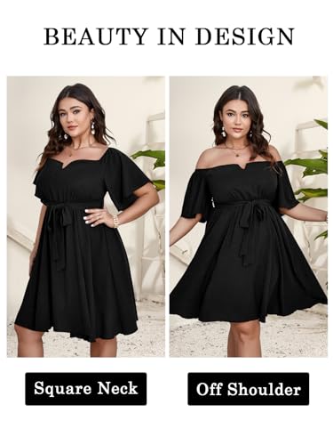 SCOMCHIC Womens Plus Size Cocktail Dress Summer Off Shoulder Short Sleeve Flowy Ruffle A-Line Cute Mini Dress with Belt3