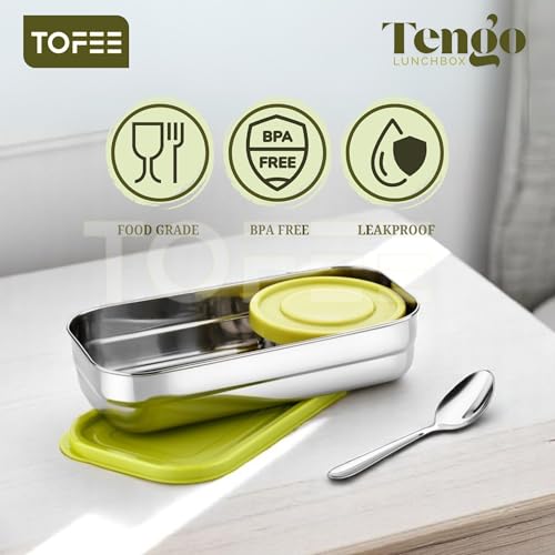 Image of TOFEE Big Stainless Steel Lunch Box for Office & School | Leak-Proof Tiffin with Small Container & Spoon | BPA-Free Airtight Lid | Compact & Durable Lunch Box for Travel (900ml) (Yellow Combo)