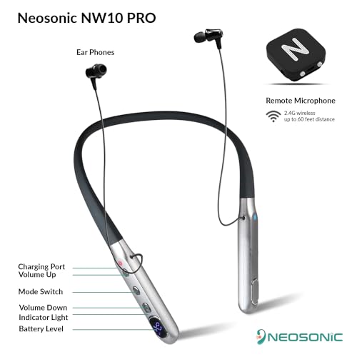 Neosonic Rechargeable Hearing Amplifier to Aid TV Watching and Conversation, Wireless Neckband Headphones for Seniors & Adults, Remote Microphone Noise Cancelling - NW10 Pro