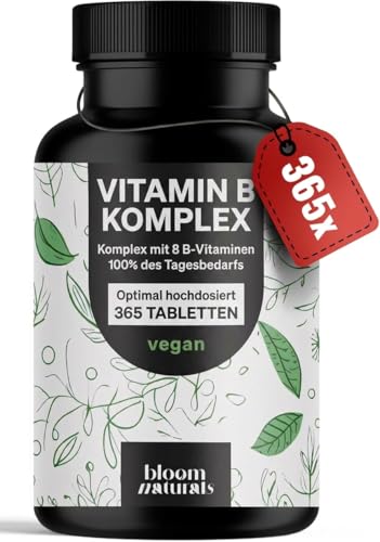 Vitamin B Komplex hochdosiert - 365 Tabletten - Mit 8 B-Vitaminen (B1, B2, B3, B5, B6, B7, B9, B12) mit Co-Faktoren Cholin & Myo-Inositol, 100% Tagesbedarf - Vegan & produziert in Deutschland