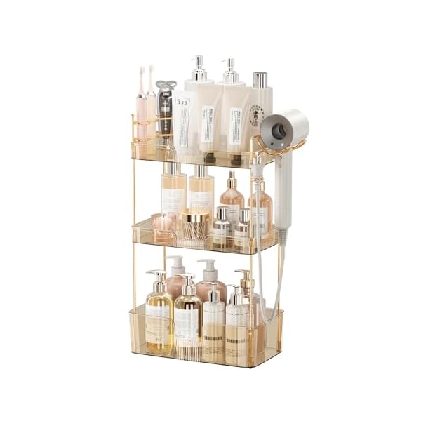 Bathroom Counter Organizer with Hair Dryer Holder, Hair Tool Countertop Storage, Cosmetics Skincare Shelf Organizer, Makeup Organizer Perfume for Dresser Vanity Tray(3 Tier-Gold)