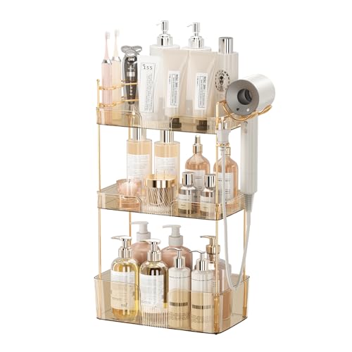 Bathroom Counter Organizer with Hair Dryer Holder, Hair Tool Countertop Storage, Cosmetics Skincare Shelf Organizer, Makeup Organizer Perfume for Dresser Vanity Tray(3 Tier-Gold)