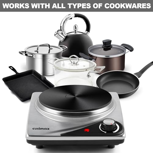 CUSIMAX Hot Plate for Electric Cooking Portable Single Hob, Cooktop Table Top Hob with Cast Iron Hob Rings Electric Burner with Temperature Control, Stainless Steel, 1500W