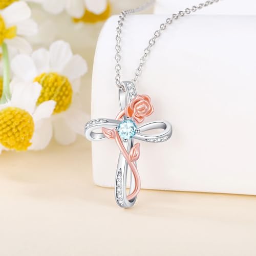 Diamond Cross Birthstone Necklace for Women Rose Cross Necklace with 12 Birthstone Two Tone Rose Cross Pendant Birthday Jewelry Gifts for Women Wife Her2