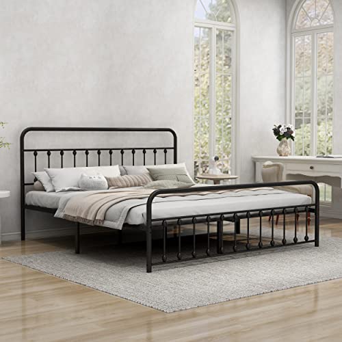 Nightell King Size Metal Bed Frame with Vintage Headboard and Footboard Extra Strong Support Non-Slip No Noise and No Box Spring Needed Black