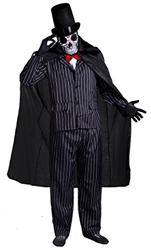 DAY OF THE DEAD COSTUME SUGAR SKULL SKELETON TUXEDO HALLOWEEN FANCY DRESS COSTUME FOR MEN - SUGAR SKULL MASK + PINSTRIPE SUIT WITH RED SATIN BOWTIE + TALL DELUXE BLACK FELT STOVEPIPE TOP HAT + THICK BLACK CAPE BY ILOVEFANCYDRESS® MEXICAN SPANISH SENOR DIA DE LOS MUERTOS (MEDIUM)