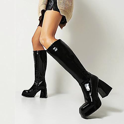 Image of SOVANYOU Black Leather Boots Platform Boots for Women Fashion Square Toe Chunky Block Heeled Boots Side Zip