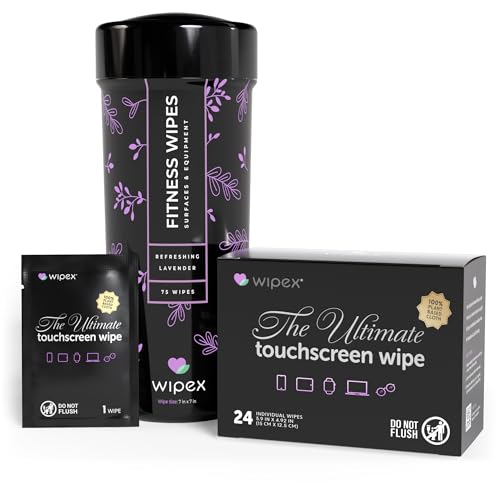 Wipex Screen Wipes & Gym Wipes Combo Pack - 75ct Gym Equipment Canister & 24ct Individually Wrapped Fitness Touch Screen Cloths, Safe for Yoga Mats & Electronics, Lavender Scent